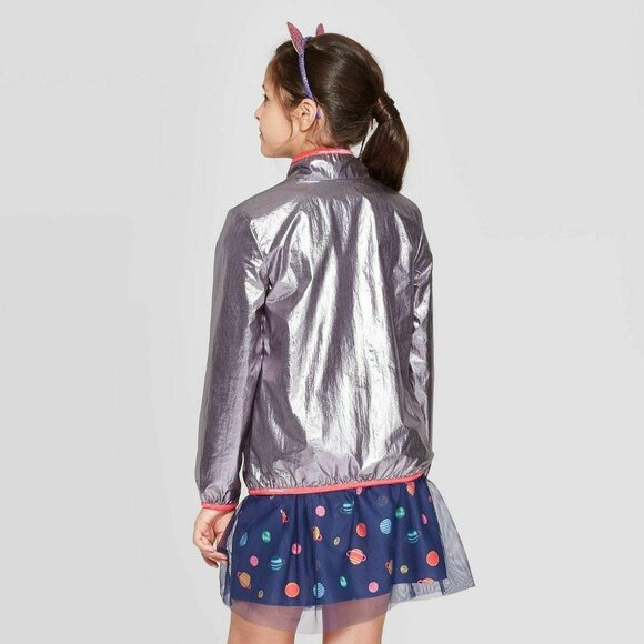 Girls Metallic Silver 7/8 Windbreaker Jacket With Pink Trim Full-Zip Pockets Ela - Picture 2 of 5